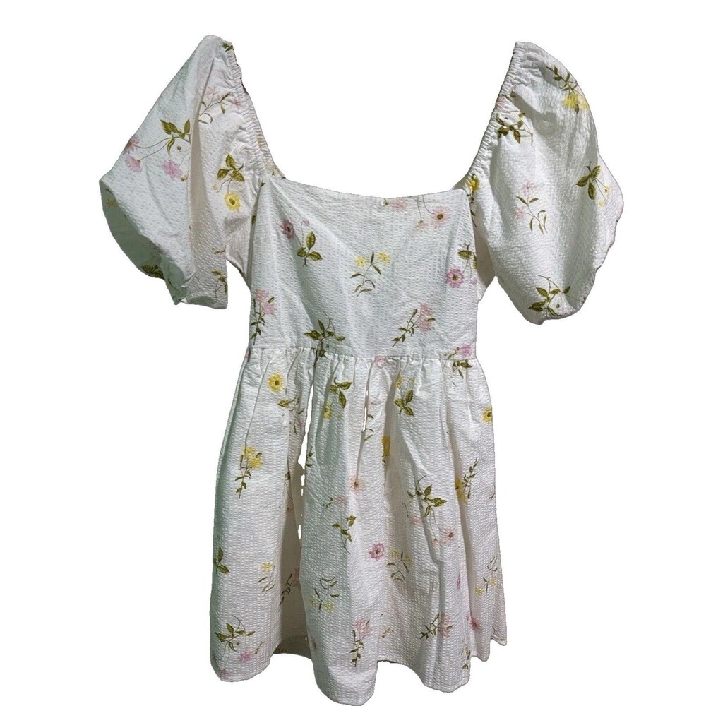 Mi Ami Babydoll Floral Dress Medium Puff Sleeve Cottagecore Tie Back Prairie